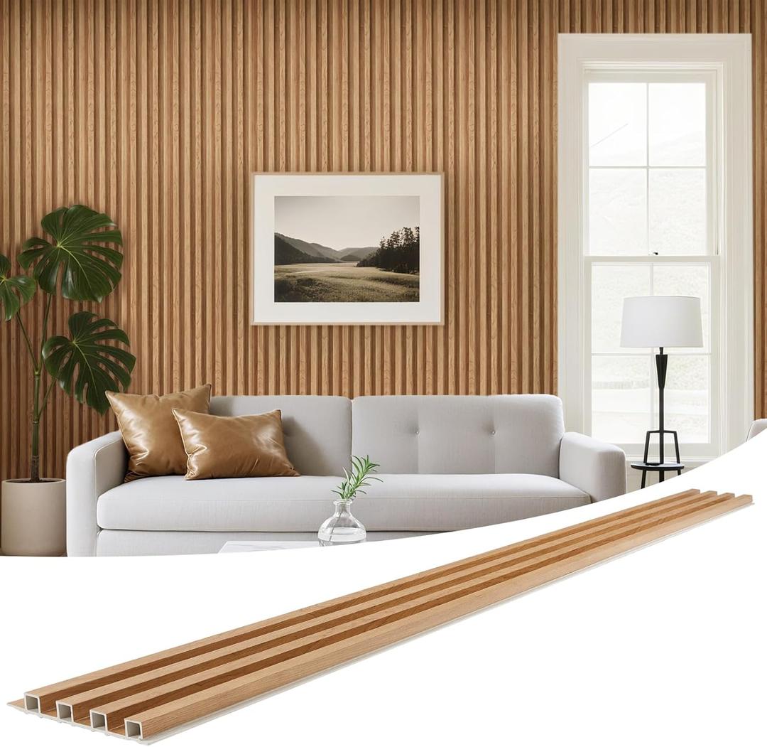 WPC Slat Wall Panels 8 Pack 96" x 6.6", Waterproof Fluted Wall Paneling, Accent 3D Wall Panel for Wall Decor, Bathroom, Bedroom, Office - High Grille Elm (Cover Approx.35 sq.ft)