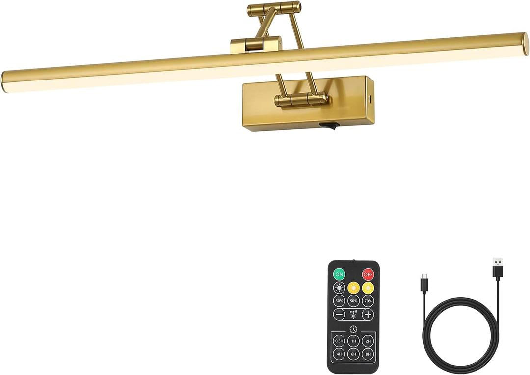 Joossnwell Battery Operated Picture Light for Wall Rechargeable Art Lighting for Paintings Wireless 23.62Inch Picture Frame Light with Remote Dimmable Gallery Light Brass for Library Artwork Museum