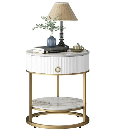 ASYA White End Table with Drawer, 2-Tier Sofa Side Table, 21.65’’Round Nightstand for Bedroom, Metal & Stone