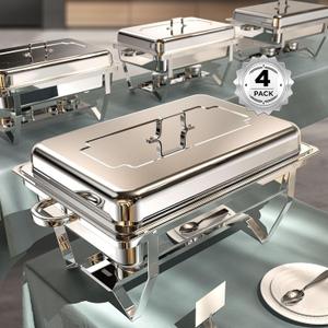 Chafing Dishes for Buffet 4 Pack, 9QT [No Fingers Cut] Roll Edge Designed Chafing Dish Buffet Set [Mirror-Like Polished Finish] Food Warmers for Parties, Birthday, Holiday Parties, Church Events, etc (Silver)