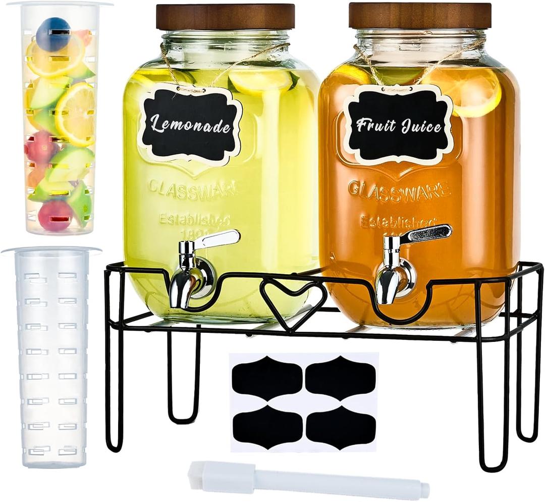 2 Pack1Gallon Glass Drink Dispenser with Stand&Bamboo Lids&Fruit Infuser,304 Stainless Steel Leak-Proof Spigot,Beverage Dispenser for Parties,Water Sangria Juice Sun Tea Lemonade(Brown)