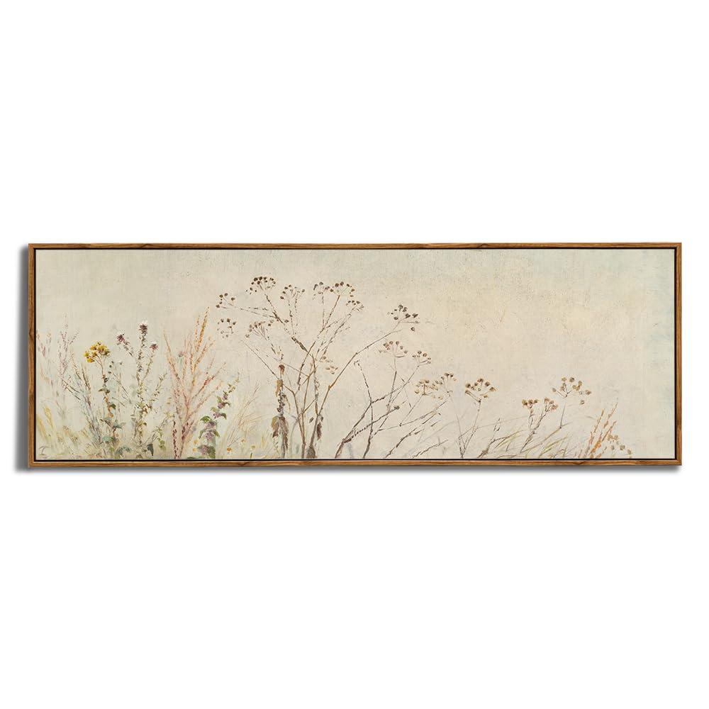 Framed Canvas Wall Art for Bedroom - Long Horizontal 13.5x40" Above the Bed - Vintage Farmhouse French Country Room Decor - Long Beige Neutral Flower Floral Poster, Cottagecore Aesthetic Ready to Hang