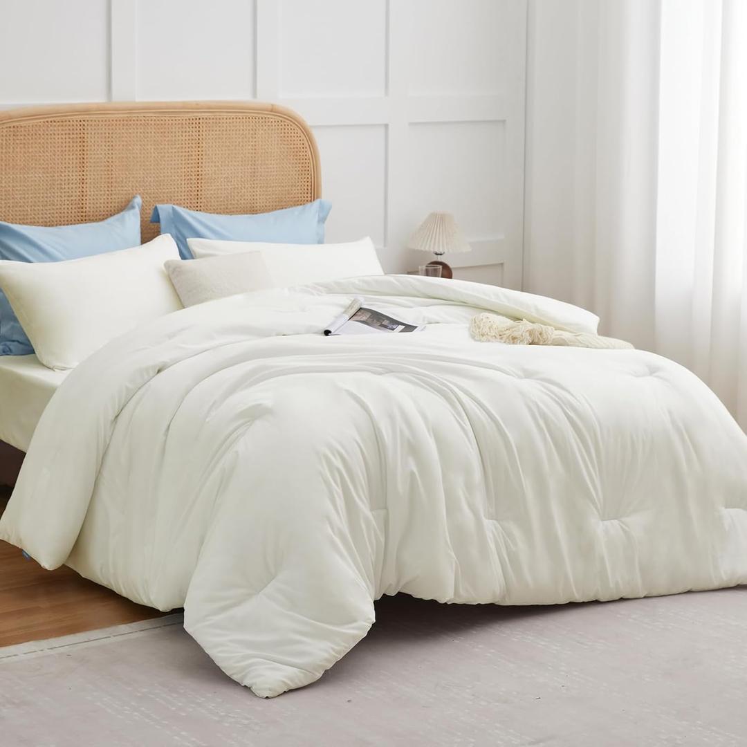 CozyLux Queen Comforter Set Ivory, 3 Pieces Solid Breathable Quilted Style Bedding Sets for Girls, Luxury Soft Microfiber Down Alternative Comforter Bet Set All Season (1 Comforter & 2 Pillowcases)
