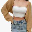 LOFAAC Women Y2K Open Front Rib Knit Shrug Crop Cardigan Solid Drop Shoulder Puff Long Sleeve Crop Bolero Sweater Tops Small
