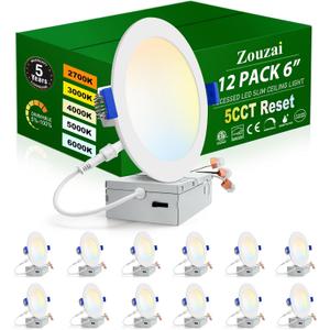 zouzai 12 Pack 6 Inch 6000k/5000k/4000k/3000k/2700k 5CCT Selectable Ultra-Thin LED Recessed Ceiling Light with Junction Box,12W Eqv 110W,Dimmable, led can Lights- ETL and Energy Star Certified