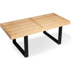 Bamboo Nelson Slat Wooden Bench, Small Wood Benches for Entryway, Living & Dining Room, Kitchen, Bedroom, Bathroom, Hallway, Front Door, For Indoor & Outdoor Patio Use, Mid Century Modern Decor (Nelson Natural/Black)