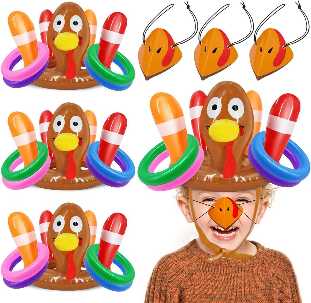 3 Pack Thanksgiving Ring Toss Games Toys for Kids Thanksgiving Inflatable Turkey Hat Toss Games Thanksgiving Family School Party Favors Supplies Indoor Outdoor Party Game(3 Turkey Hats, 12 Rings)