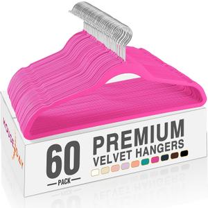 HOUSE DAY Rosy Red Velvet Hangers 60 Pack, Non Slip Clothes Felt Hanger Heavy Duty for Coat, Premium Slim Space Saving Suit Hangers for Closet Organizer, 360 Rotating Silver Hook