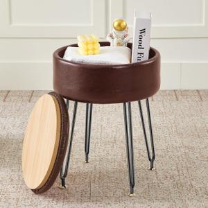 BRIAN & DANY Vanity Stool, Leather Vanity Stool Chair with Storage, Round Makeup Chair Soft Padded Seat with Legs for Bedroom (Brown)