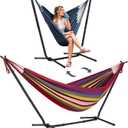 SUNCREAT 2-in-1 Convertible Backyard Fabric Hammock with Stand, Red Stripes