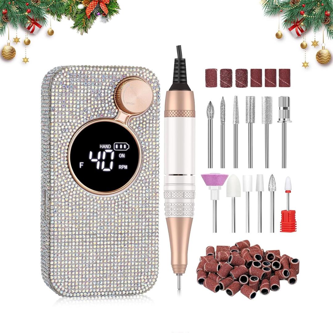 Electric Nail Drill,40000RPM Cordless Nail File Diamond with 12 Drill Bits for Acrylic Nails Gel Polishing,E File Nail Kit Machine for Manicure Salon Home (AB White Diamond)