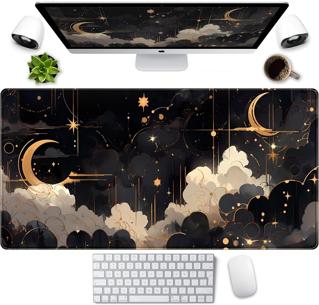Black and Gold Celestial Desk Mat XXL Extended Gaming Mouse Pad Large Mousepad with Stitched Edges, Laptop Computer Keyboard Mouse Mat Desk Pad for Work Game Office Home Desk Decor 31.5x15.75 in