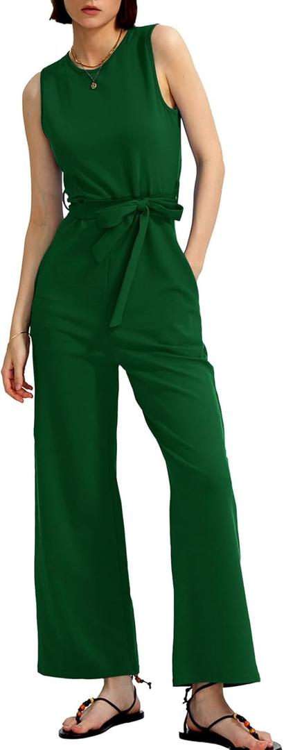 CHERFLY Jumpsuits for Women Dressy Summer Formal Outfits Belted Wide Leg Overalls 2025(Verdant Green,XL)