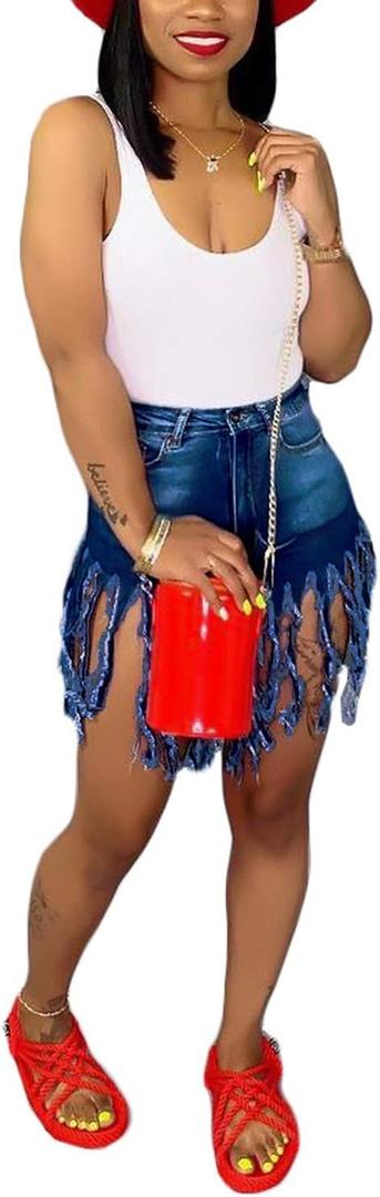SIAEAMRG Women's Juniors Denim Shorts, High Waisted Frayed Raw Hem Tassels Short Pants Jeans (XX-Large, Blue+blue)