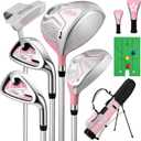 Kids Golf Clubs Set for Ages 9-12,Right Left Handed Youth Golf Clubs Set with 400cc Driver, Hybrid, 7 Iron, 9 Iron, Wedge, Putter, Stand Bag & 2 Headcovers,Junior Golf Clubs,Blue Yellow Pink