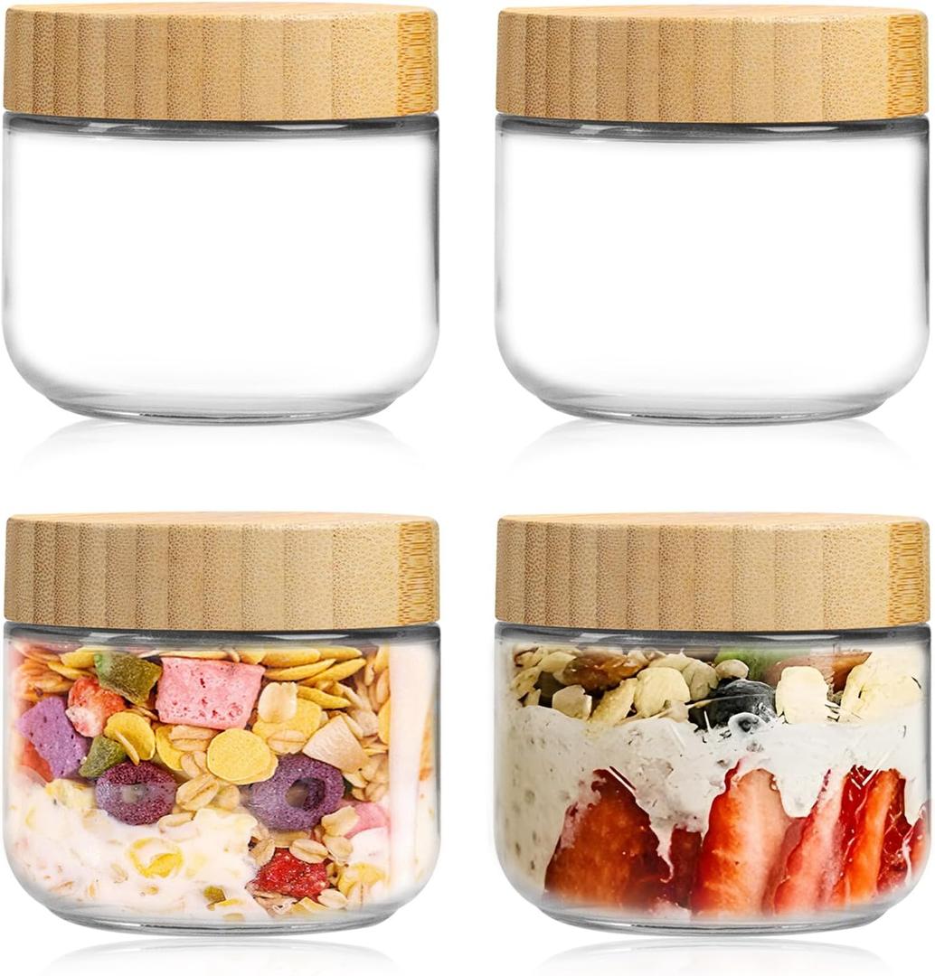 4 Pack 10 oz Overnight Oats Containers with Bamboo Lids, Reusable Glass Food Storage Jars with Airtight Lids, Wide Mouth Mason Jars for Snack Yogurt Fruit Salad