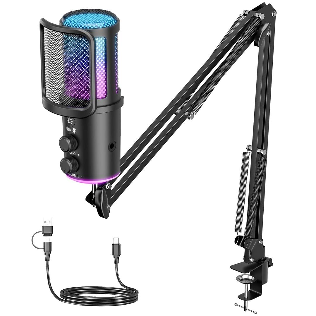 Gaming USB Microphone, Noise Cancellation Condenser Mic with Mute, Boom Arm Mic-Reverb Adjustment, Monitoring for Streaming, Podcasting, Discord, YouTube, PC, Computer, PS4, PS5, Mac