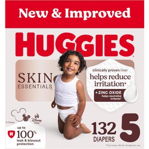 Huggies Size 5 Diapers, Skin Essentials Baby Diapers, Size 5 (27+ lbs), 132 Count (2 Packs of 66)