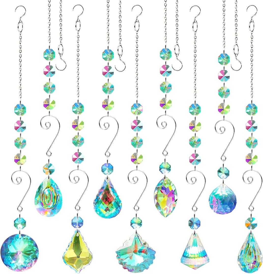 9 Pieces Sun Catchers Indoor Window Suncatcher Crystals Prisms with Chain Pendant Colorful Hanging Ornaments for Windows Chandelier Office Home Garden Decor (Silver)