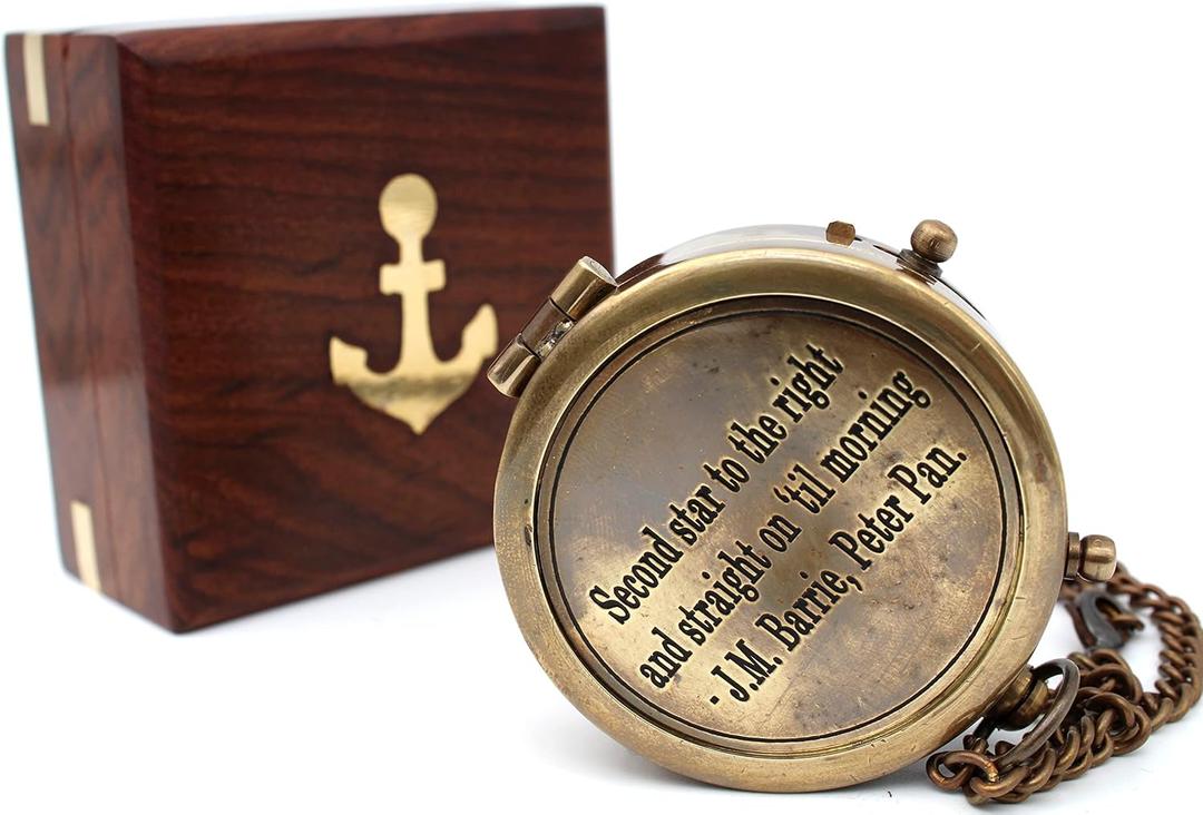 Second Star to the Right and Straight on Till Morning- Brass Engraved Compass with Wooden Case Inspirational Birthday, Confirmation, and Baptism Gifts