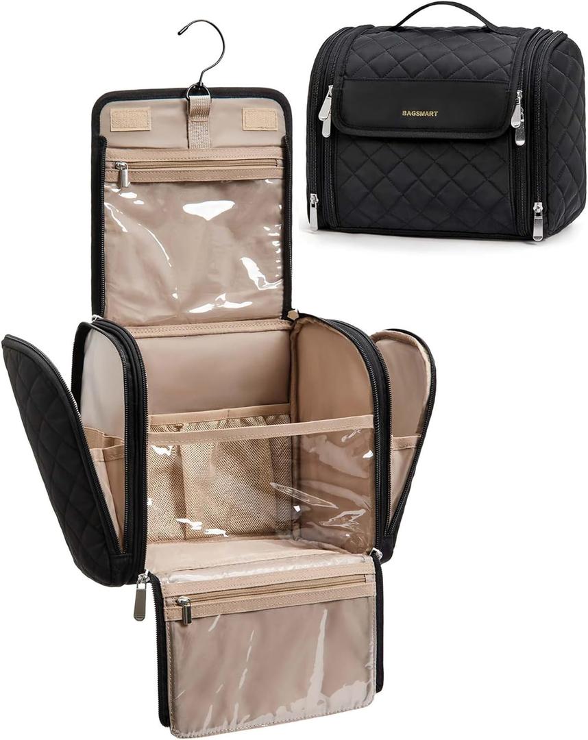 BAGSMART Makeup Bag for Women with Hanging Hook - Portable Cosmetic Case, Large Capacity Door Room Essentials Travel Organizer for Full-Sized Cosmetics and Toiletries, Black