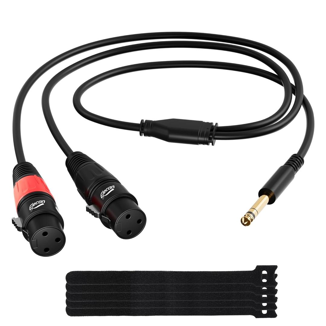 Elecan 6.35mm (1/4 Inch) TRS Male to Dual XLR Female Y Splitter Adapter Cable 15 Ft, Unbalanced 3-Pin 2 XLR to 1/4 Microphone Stereo Audio Interconnect Patch Cord for Mic Guitar Mixer Speaker +5 Ties