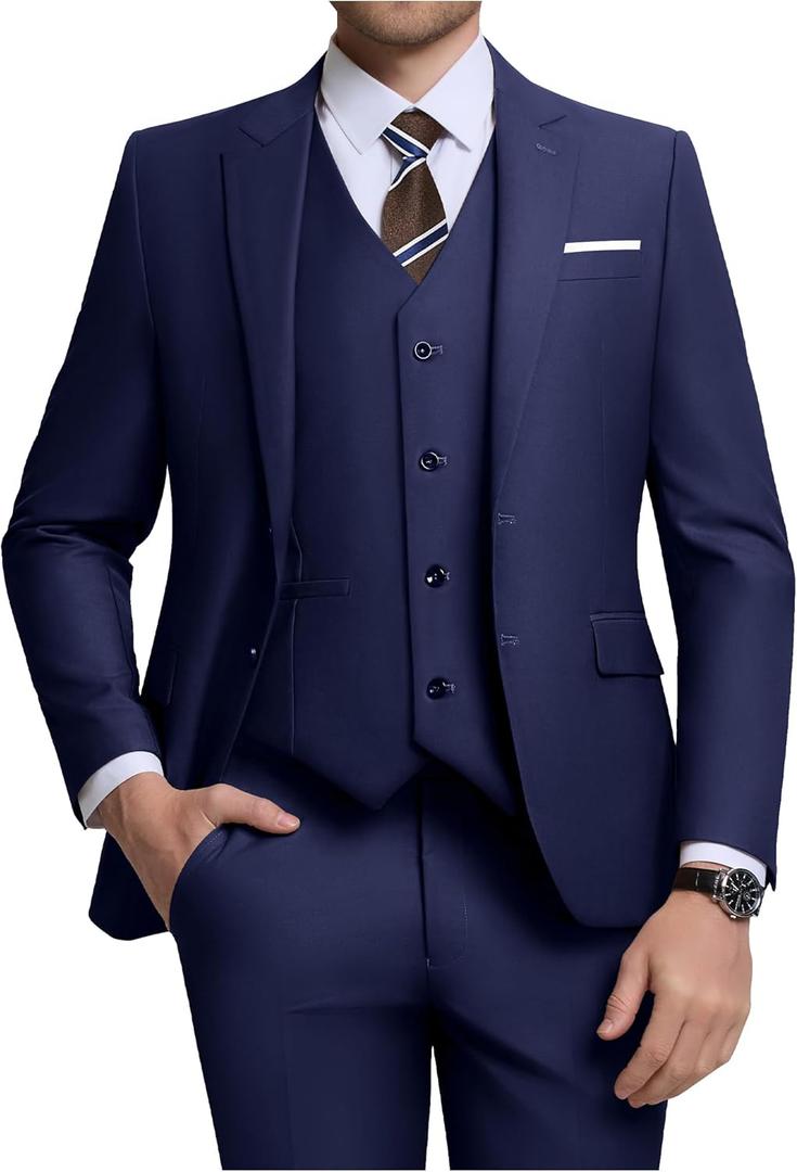 Men's 3 Piece Slim Fit Suit Set, Two Button Blazer Solid Jacket Vest Pants Wedding Business Suit (Blue, 5XL)
