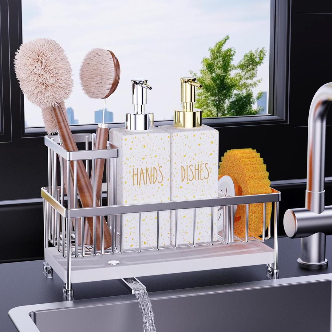 Cisily Dish Soap Dispenser, 12 fl oz Kitchen Soap Dispensers with Sponge Holder, Stainless Steel Pump Glass Kitchen Soap Dispenser Set, Hand and Dish Soap Bottle Set, Kitchen Decor Accessories (Silver Sink Caddy + White Bottle)