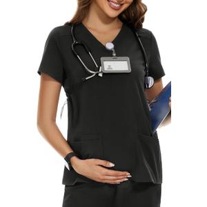 PACBREEZE Women's Maternity Scrub Top/Shirt V-Neck Workwear Medical Pregnancy Scrub Clothes, (Medium, Black)