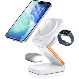 DOSTDR 3-in-1 Wireless Desk Charging Station, 15W, MagSafe Compatible, Foldable, Fast, Compatible with Charging Apple Devices, Travel-Friendly, N52 Magnetic, Space-Saving, Multi-Device, Phone Mount