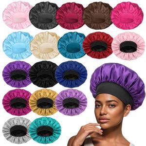 18 Pcs Satin Bonnets for Sleeping, Large Silk Bonnet Wide Band Hair Bonnet Soft Elastic Hair Wrap Cap Silky Shower Cap for Black Women Men Curly Hair (Multicolored C)