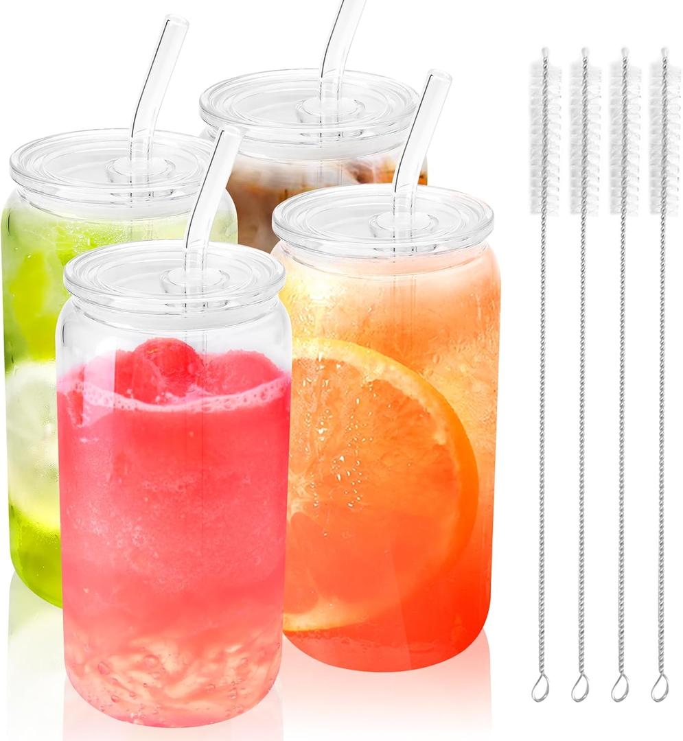 Joyclub 4pcs Glass Cups with Acrylic Lids and Straws 16 oz Can Shaped Glass Iced Coffee Cups with Lids and Straws, Cute Tumbler Cup Drinking Glasses for Smoothie Whiskey Boba Soda Tea Gift (Clear 4 Pack)