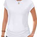 Trendy Womens Summer Tops 2025- Chic Ruched Short-Sleeve Crewneck T Shirts Fashionable Casual Wear(White,L) (White, L)