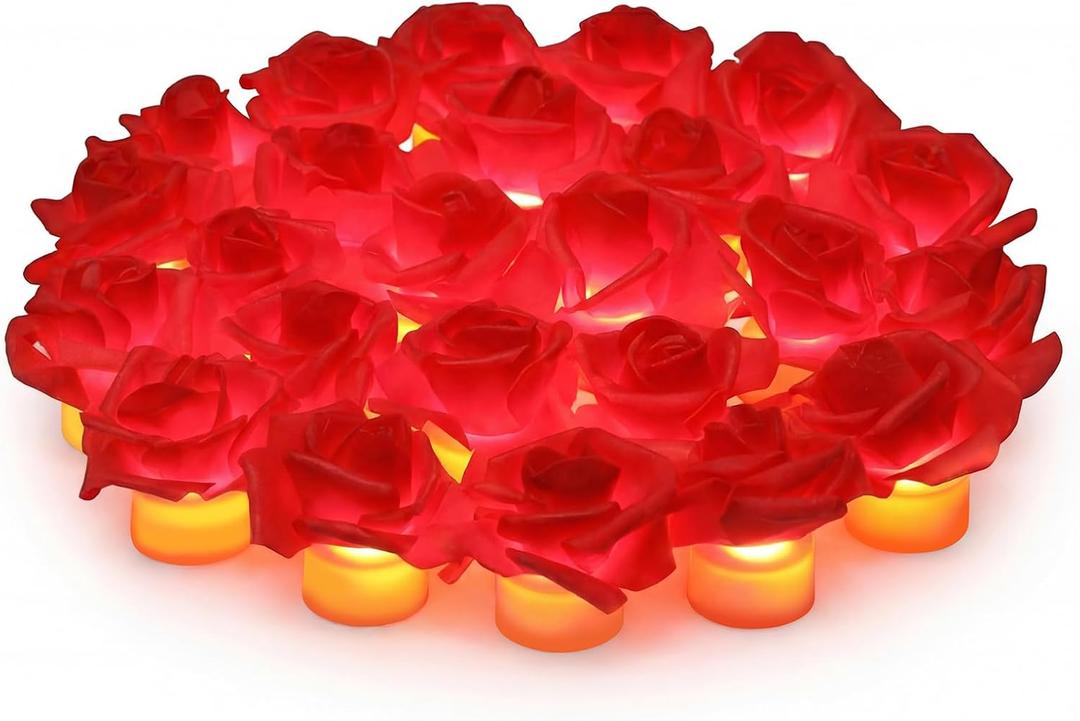 VIHOSE 24 Pack Red Rose LED Candles with Artificial Flowers, 200+Hour Battery Operated Tea Lights Candles for Centerpiece Table Wedding Anniversary Party Decorations(Red)