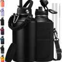 64 oz Water Bottle with Straw & Spout Lids, Keep Cold 48H, Half Gallon Insuated Water Bottle with Paracord Handle & Carrier Bag, 64/128 oz Water Jug Stainless Steel Metal Flask for Men Woman Gym (Black)