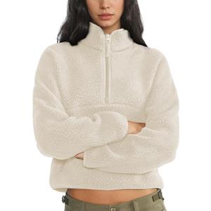 Womens Fleece Sweatshirts Cropped Half Zip Fuzzy Warm Sherpa Pullover Varsity Jackets with Zipper Pockets (Small, Beige)