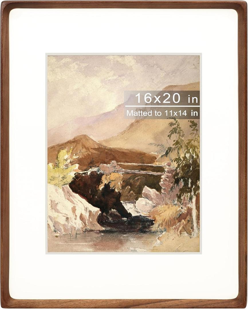 16x20 Picture Frame with Mat for 11x14, Natural Walnut Wood Handcrafted Rounded Corner with Plexiglass, Vertical or Horizontal Display Photo Gallery Poster Wall Mounting Frame