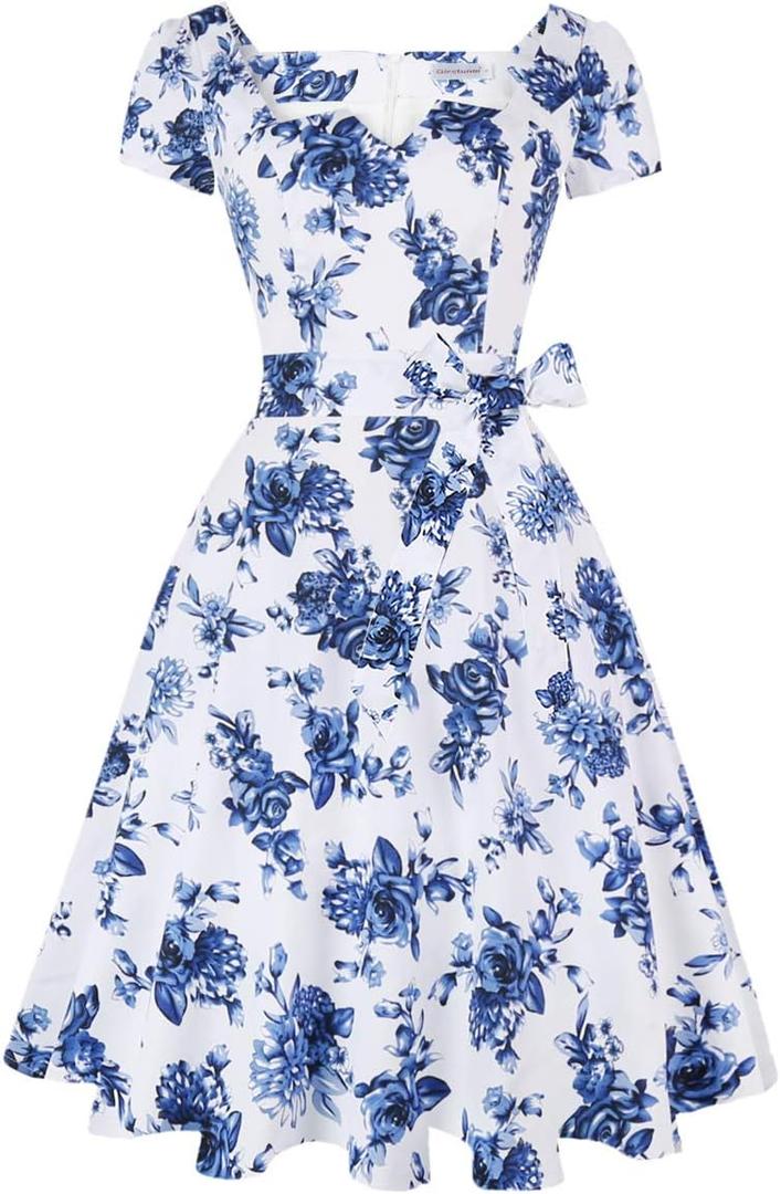 Girstunm Women's Classic Tea Dress Short Sleeve Swing Cocktail Party Dresses with Pockets (Blue, M)