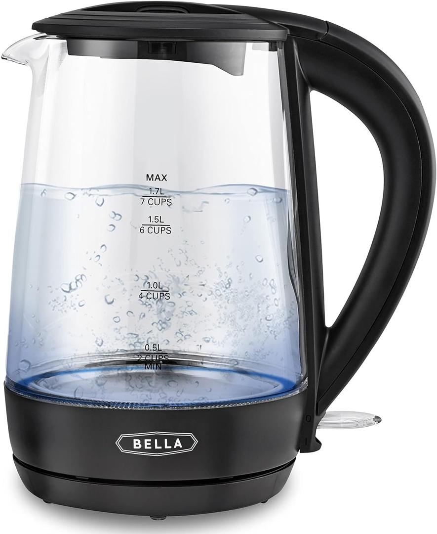 BELLA 1.7 Liter Glass Electric Kettle, Quickly Boil 7 Cups of Water in 6-7 Minutes, Soft Blue LED Lights Illuminate While Boiling, Cordless Portable Heater, Carefree Auto Shut-Off, Black BELLA 1.7 Liter Glass Electric Kettle, Quickly Boil 7 Cups of Water in 6-7 Minutes, Soft Blue LED Lights Illuminate While Boiling, Cordless Portable Heater, Carefree Auto Shut-Off, Black