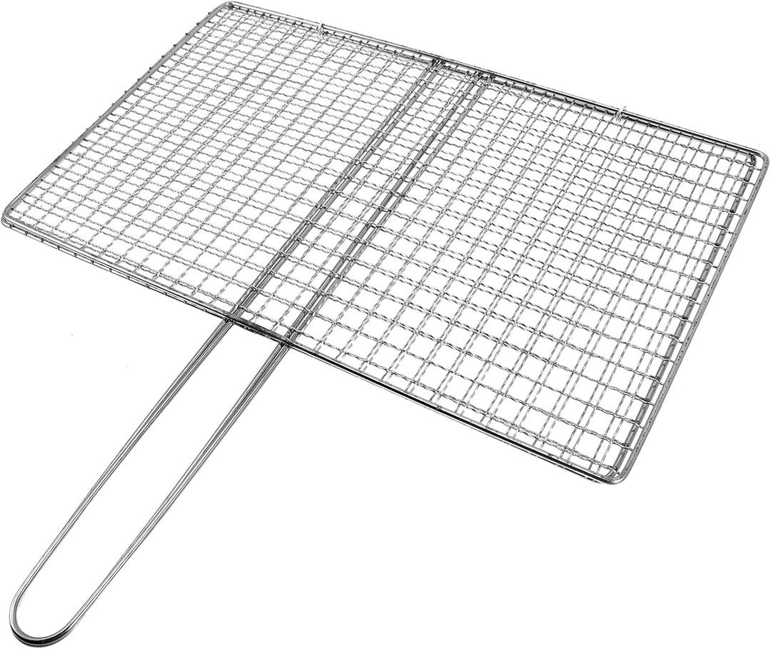 Happyyami Stainless Steel Fish Grill Basket with Handle for Outdoor Camping Bbq Portable Vegetable and Meat Grilling Rack for Patio and Picnic Use Foldable Grill Mesh 17X15 Inches