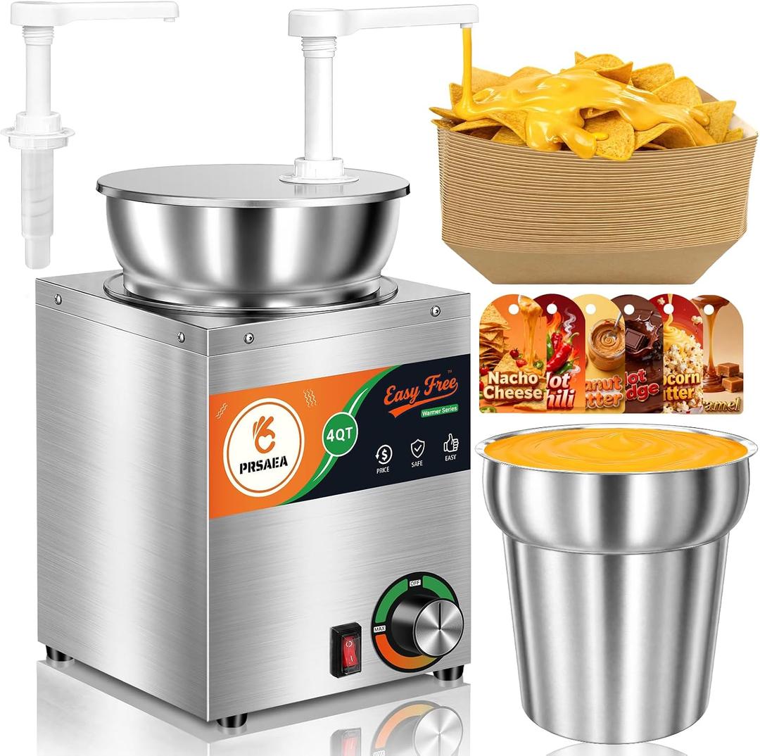 Original 4QT Nacho Cheese Dispenser Warmer, Food-Grade Stainless Steel Cheese Warmer with 2 Pump, Commercial Smart Nacho Cheese Machine for Parties, Catering and Events (Includes Tags & Trays)