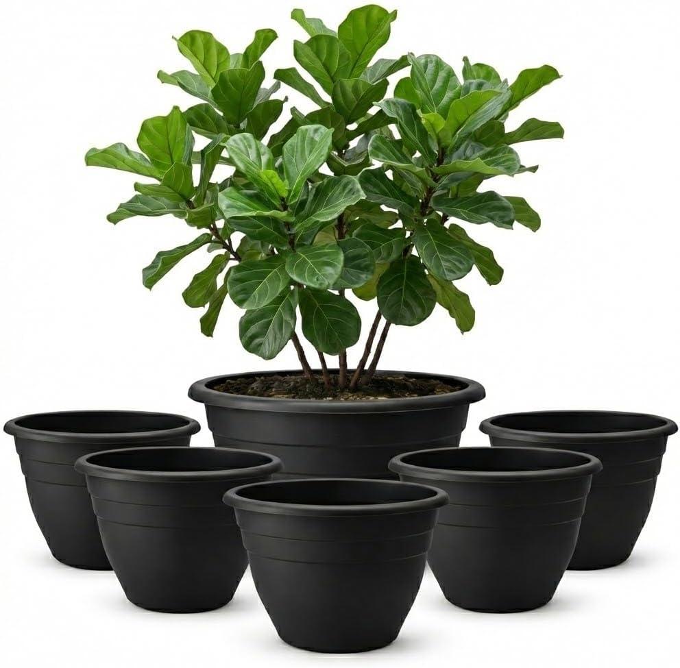 RooTrimmer 20 Inch Large Plant Pots Outdoor,6 Pack Black Plastic Planters with Drainage Holes,Heavy Duty Lightweight Flower Pots for Trees,Fiddle Leaf Fig,Palm,Patio & Garden