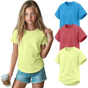 3 Pack Girls' Short Sleeve T-Shirts Loose Fit Crew Neck Tops Raglan Curve Hem Shirts Casual Kids Basic Tees 5-14Y (Red)