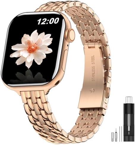 MioHHR Slim Metal Bands Compatible with Apple Watch Band 38mm 40mm 41mm 42mm (Series 10), Thin Chain Stainless Steel Strap Bands for Women iWatch Series 10 9 8 7 6 5 4 SE 3 2 1, Rose Gold