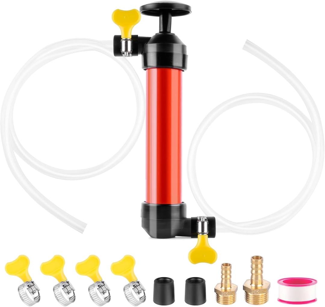 RV Antifreeze Hand Pump Kit Water Liquid Fuel Transfer Manual Pump for Gas Oil with 2 39.4inch Clear PVC Hoses 4 Clamps for Winterizing RV Trailer Camper Boat Winterization