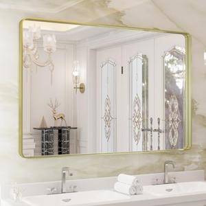 WEER Gold Bathroom Mirror, 48X32 Inch Brushed Gold Metal Frame Mirror, Rounded Rectangle Gold Bathroom Vanity Mirror for Wall, Tempered Glass, Anti-Rust, Hangs Horizontally or Vertically
