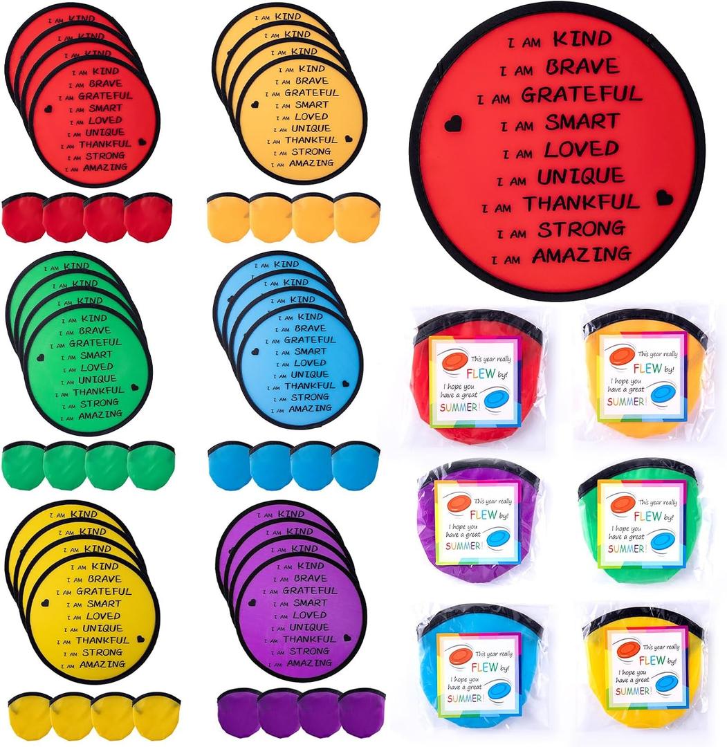End of the Year Gifts for Students Bulk Foldable Flying Disc Fans Set with Stickers Bags, End of Year Student Gifts from Teacher Beach Fun Folding Pocket Hand Fans for Outdoor Activities Games