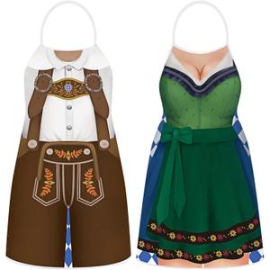 Hillban 2 Pcs Oktoberfest Aprons Women Mens German Apron Oktoberfest Costume for Couples Cooking BBQ Party Favor Gifts(Delicate Style)