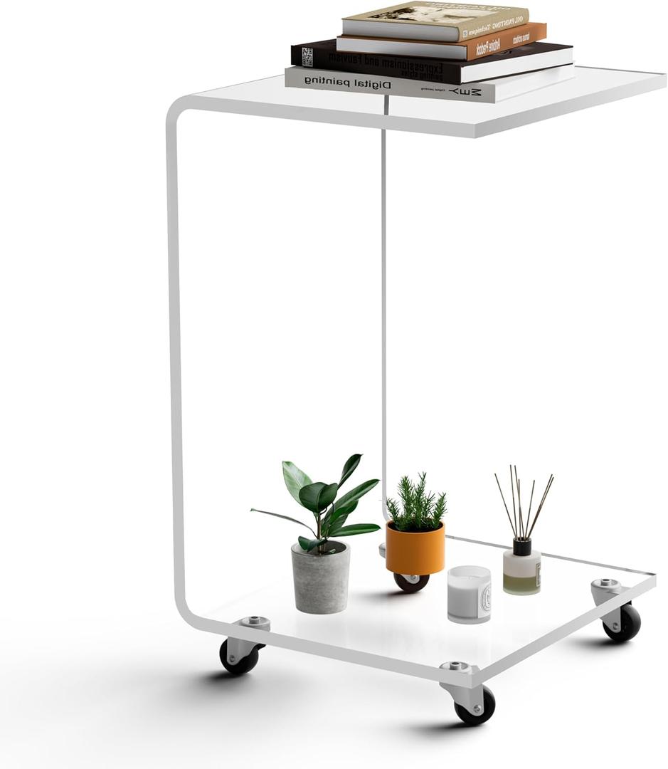 C-Shape Acrylic Side Table with Wheels,13.8" L x 13" W x 22" H x 1/2" Thick Clear End Table,Transparent Nightstand with Waterfall Edges,Modern Lucite Side Table for Living Room (13.8" L x 13" W x 22" H)