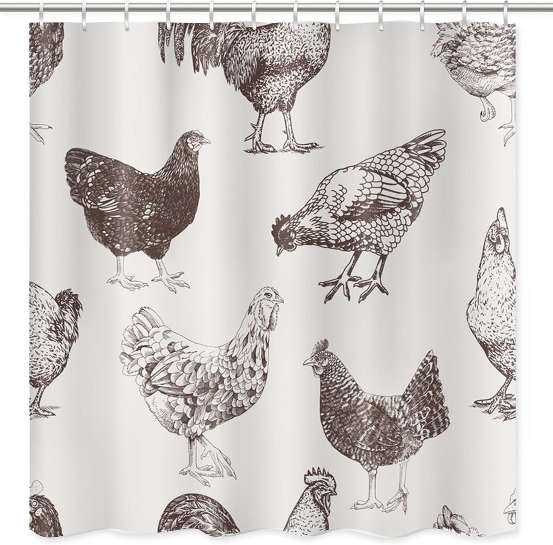 Emvency Fabric Shower Curtain Curtain with Hooks Chicken Cocks and Hens Sketch Rooster Farm Hand Animal Drawn Cockerel 60"X72" Waterproof Decorative Bathroom (60"W x 72"L (Pack of 1), Black)